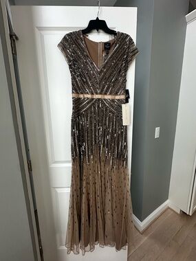 Adrianna Papell Taupe Sequin Cap Sleeve Evening Gown